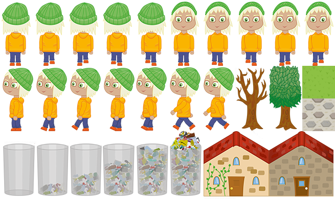 Assets der Spielfigur, Bäume, Gras, Wege, Mülleimer und Häuser