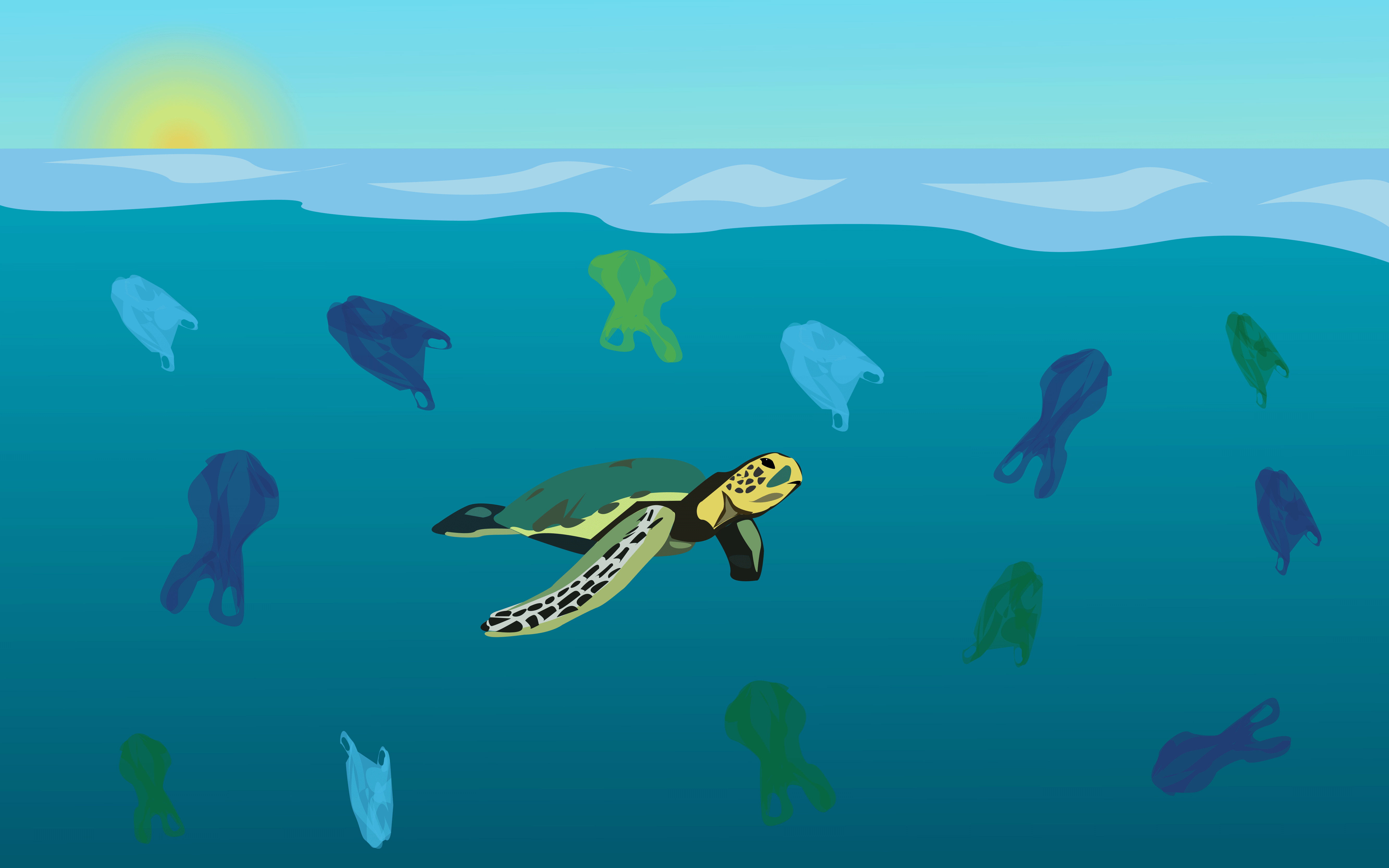 Schildkröte zwischen Plastiktüten im Meer