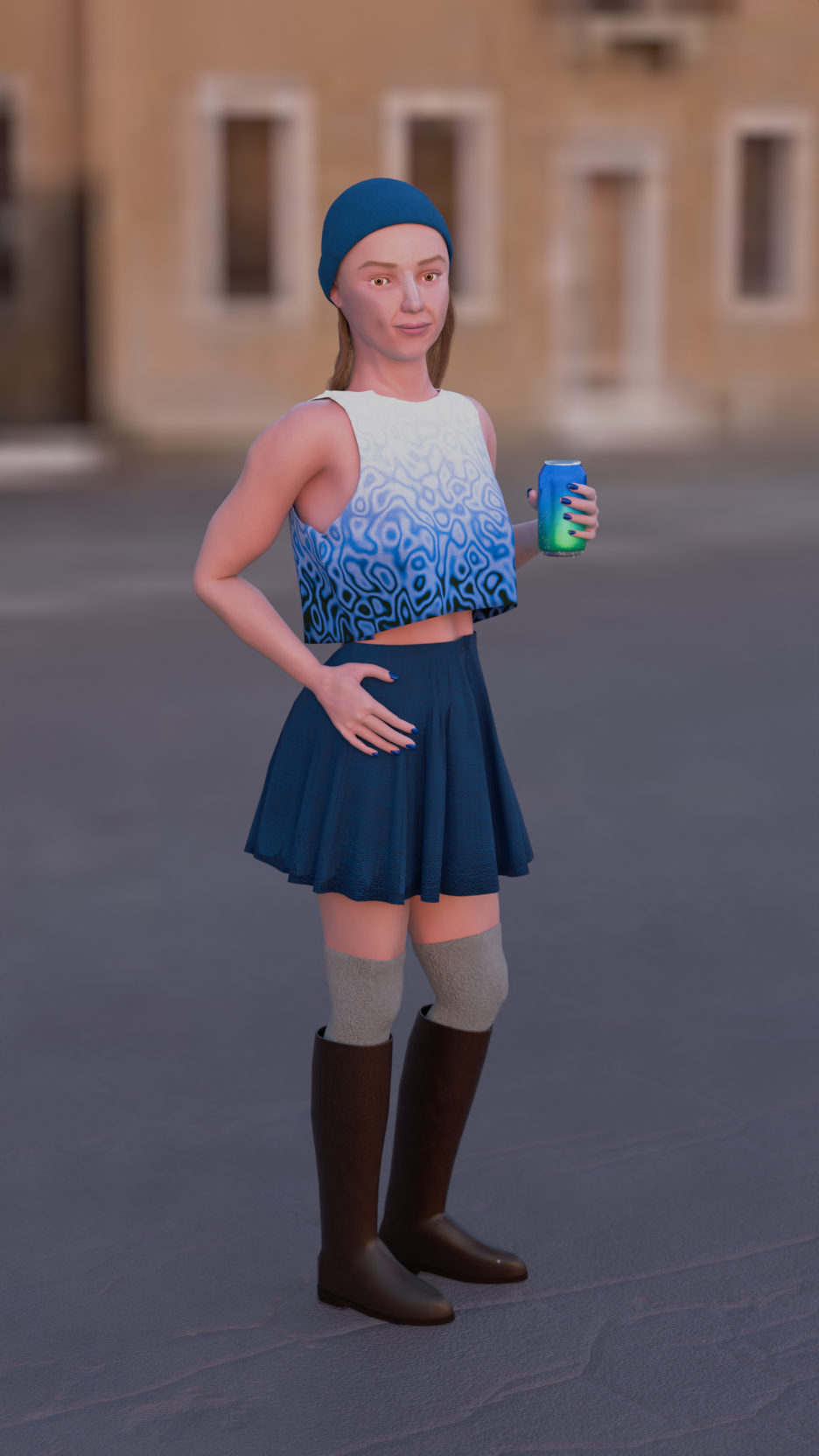 Frau posiert mit Dose in der Hand in Blender