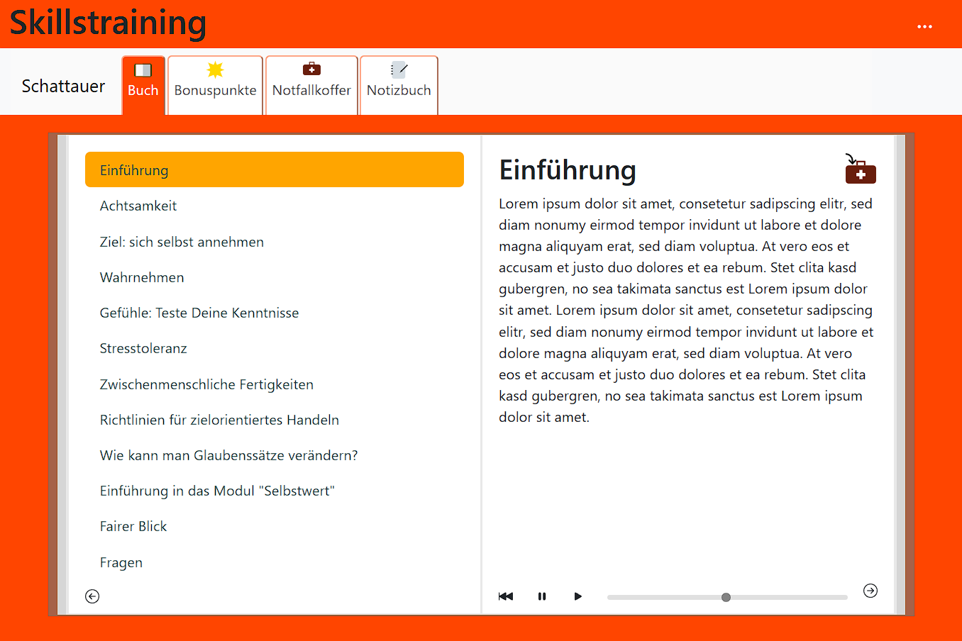 Die Seite des Buchs in der Skillstraining-Benutzeroberfläche
