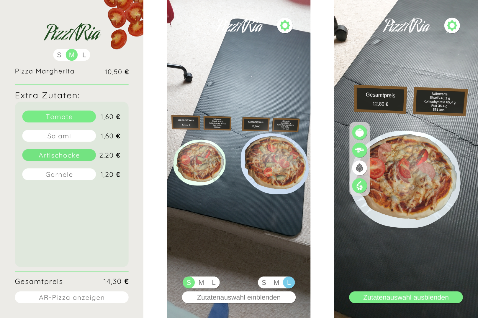 Seiten der PizzARia-App